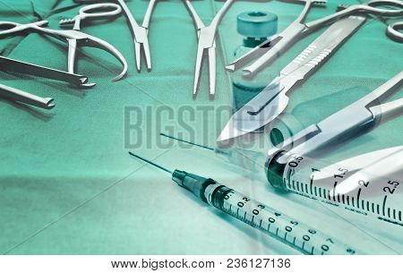 Surgical Instruments With Vial Of Drug And Syringe, Double Exposure