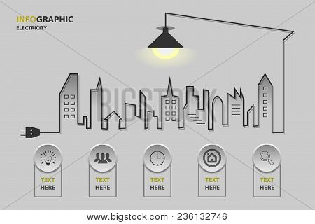 Abstract Infographic Modern With Icons And Creative Light Bulb With Wire City And Plug. Business Ide
