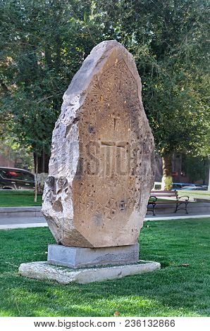 Yerevan, Armenia - October 05, 2017: Cross-stone 1300s. Gandzak Village Of Vostan Province Of Van Re