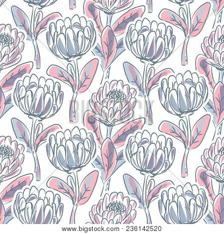 Hand Drawn Protea Flower Seamless Vector Pattern. Artistic Floral Nature Background.