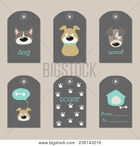 Set Of Tags With Cartoon Dogs. Vector Illustration.