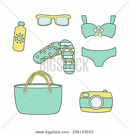 Set Of Cute Summer Icons. Perfect For Web, Card, Poster,sticker Kit. Vector Illustration.