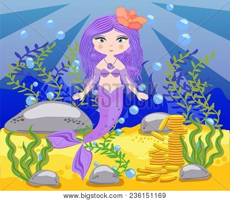 Vector Background With An Underwater World In A Children's Style. A Mermaid Is Sitting On A Rock. Wo