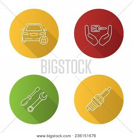 Auto Workshop Flat Linear Long Shadow Icons Set. Locked Car, Key In Hands, Screwdriver And Spanner, 