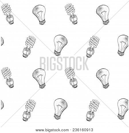 Seamless Compact Fluorescent Light Bulb And Light Bulb Sketch Pattern. Ink Sketch Bulb Icon Stock Ve
