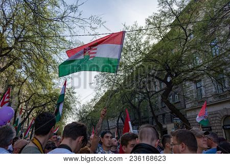 Budapest, Hungary - April 14, 2018: Political Protest Demonstration Against The Recently Elected Gov