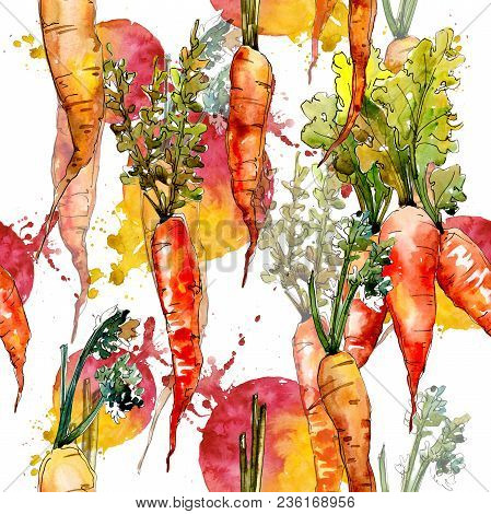 Carrot Healthy Food In A Watercolor Style Pattern. Full Name Of The Vegetables: Carrot. Aquarelle Wi