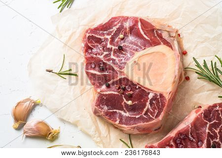 Raw Beef Steak Osso Bucco. Marble Meat. Top View On White. Close Up.
