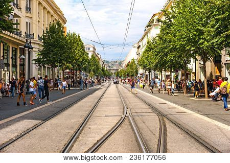 Nice, France - September 1, 2014: View Of Nice Tramline That Provides Reliable Service Around The Ci