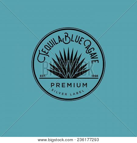 Tequila Logo. Silver Tequila Label. Blue Agave Premium Tequila. Agave In A Circle On A Blue Backgrou