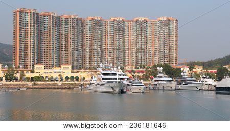 Tuen Mun, Hong Kong, 22 March 2018: Hong Kong Cruise in typhoon shelter 