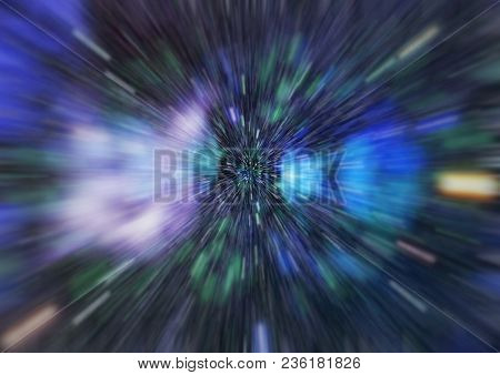 Abstract Of Warp Or Hyperspace Motion In Blue Star Trail.