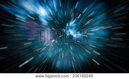 Abstract Of Warp Or Hyperspace Motion In Blue Star Trail.