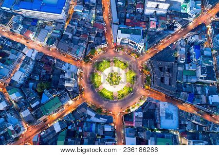 Aerial View Of Road Roundabound,expressway And Highway Top View During Twilight Time ,expressway Is 