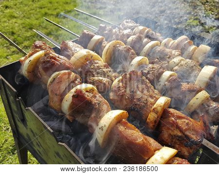 Shish Kebab Is Fried On A Brazier