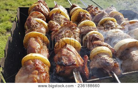 Shish Kebab Is Fried On A Brazier
