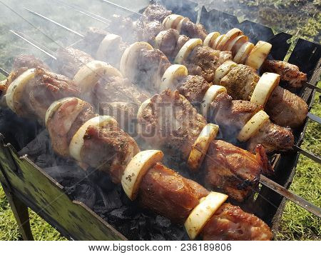 Shish Kebab Is Fried On A Brazier