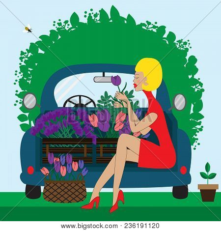Blue Car With Pretty Lady With Flowers. Vector Illustration.
