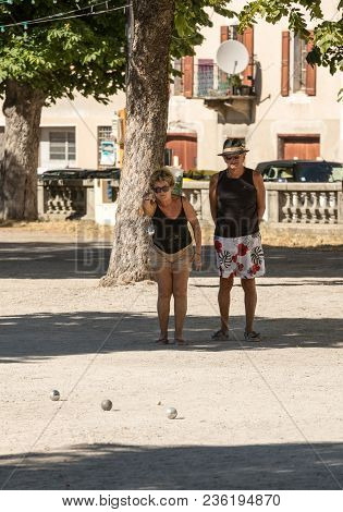 Sault, France - June 25, 2017: Couple Playing Petenque Boules In Sault. Provence, France.