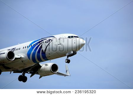Amsterdam The Netherlands - April, 7th 2018: Su-gel Egyptair Boeing 737-800 Approaching Schiphol Zwa