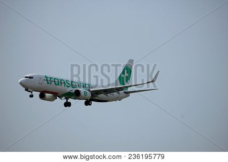 Amsterdam The Netherlands - April, 7th 2018: Ph-hze Transavia Boeing 737-800 Approaching Schiphol Zw