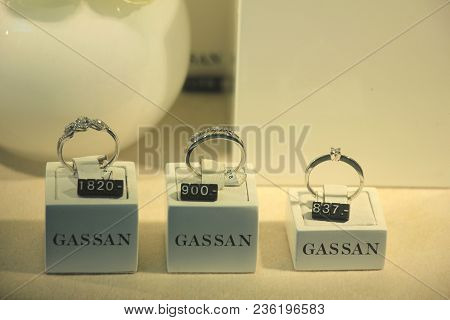 Amsterdam Schiphol Airport, The Netherlands - April 14th 2018: Diamond Engagement Rings And Other Je