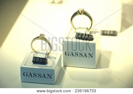 Amsterdam Schiphol Airport, The Netherlands - April 14th 2018: Diamond Engagement Rings And Other Je