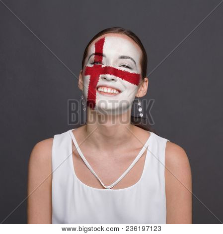 Portrait Of Happy Woman With The Flag Of England Painted On His Face. Football Or Soccer Team Fan, S