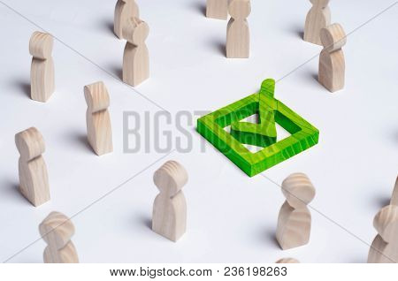 People Gathered Around The Checkbox On A White Background. People Make A Group Choice. Democratic El