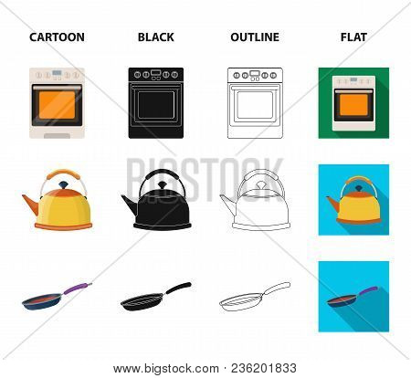 Kitchen Equipment Cartoon, Black, Outline, Flat Icons In Set Collection For Design. Kitchen And Acce
