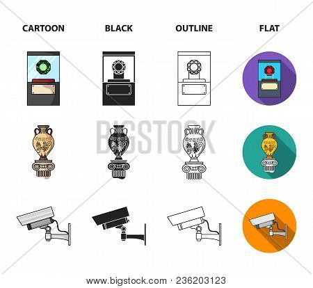 A Diamond, A Vase On A Stand, A Surveillance Camera, An African Mask. Museum Set Collection Icons In