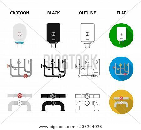 Boiler, Plumber, Ventils And Pipes.plumbing Set Collection Icons In Cartoon, Black, Outline, Flat St