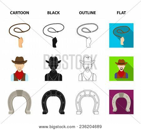 Hand Lasso, Cowboy, Horseshoe, Whip. Rodeo Set Collection Icons In Cartoon, Black, Outline, Flat Sty