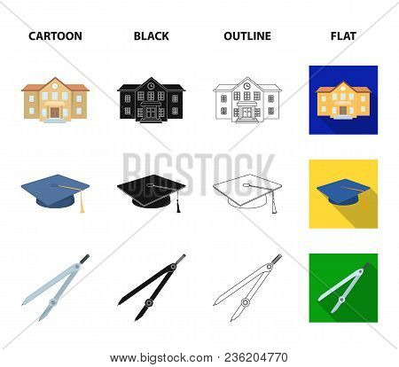 School Building, College With Windows, A Master Or Applicant Hat, Compasses For A Circle, A Board Wi