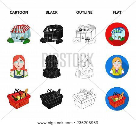 Salesman, Woman, Basket, Plastic .supermarket Set Collection Icons In Cartoon, Black, Outline, Flat 