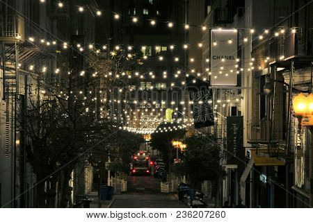 April 3, 2018 In San Francisco, Ca:  Outdoor String Lights Above A Street Adding A Festive And Intim