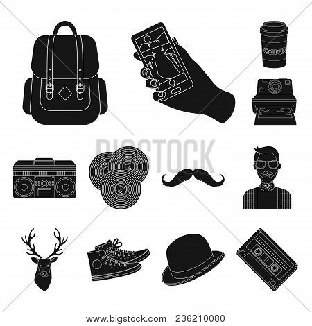 Style Hipster Black Icons In Set Collection For Design. Hipster Attributes And Accessories Vector Sy