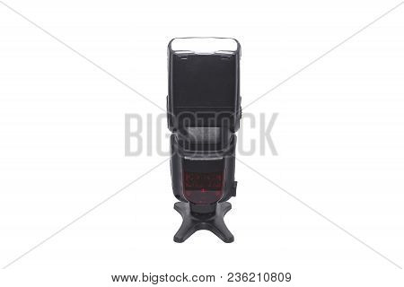 Black Photographic Speedlight Isolated On White Backgraund