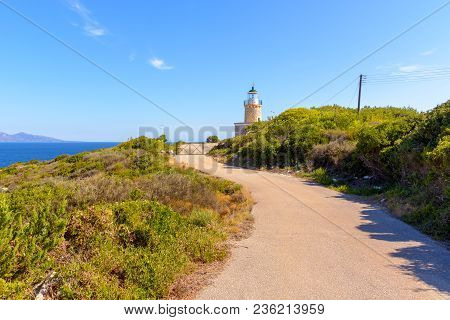 Lighthouse Of Keri Located At The Marathias Cape On Zakynthos Island In Greece. The Height Of The To
