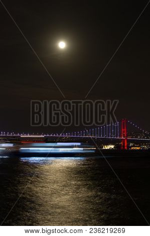 Super Blue Blood Moon Over Bosphorus Strait, Istanbul City, Turkey