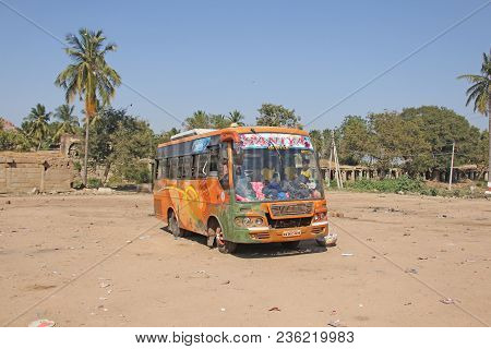 India, Hampi, 02 February 2018. A School Indian Bus Is On The Bus Station.