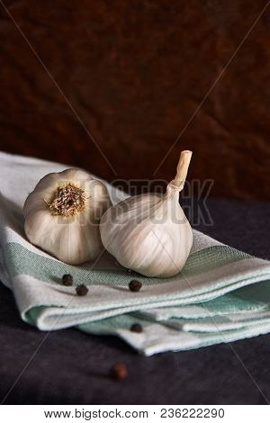 Garlic, Onion, Bay Leaf, Black Pepper On A Napkin. Garlics. Sliced Garlic, Garlic Clove Garlic Bulb