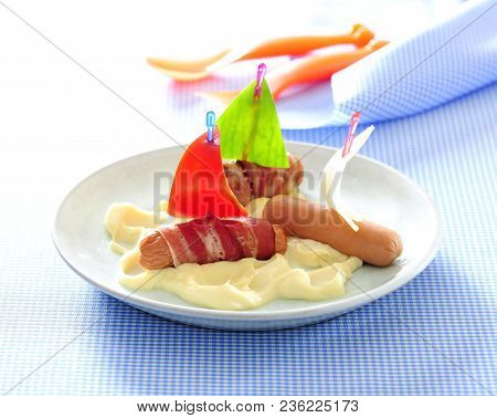 Mini Hot Dog Boats And Mashed Potato For Funny Diner For Kids.