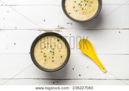 Egg Drop Corn Soup Top View. A Cantonese Cuisine Dish Often Served As Starter Food In Chinese Restau