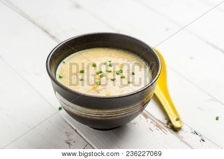 Corn Soup On White Background. A Cantonese Cuisine Dish Often Served As Starter Food In Chinese Rest