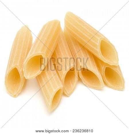 Italian pasta isolated on white background. Pennoni. Penne rigate.