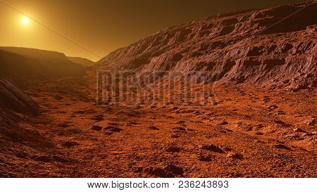 Mars - The Red Planet - Landscape With Mountains With Sedimentary Rock Layers During Sunrise Or Suns