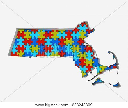 Massachusetts MA Puzzle Pieces Map Working Together 3d Illustration