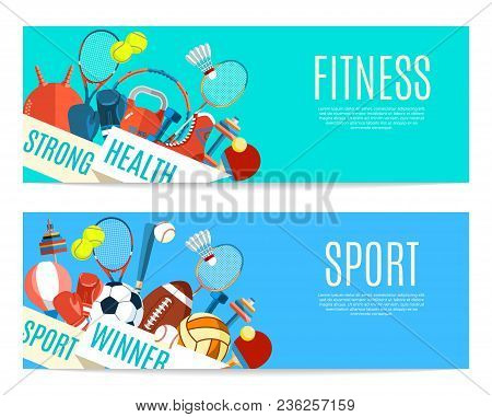 Banner Of Sport Balls And Gaming Equipment. Poster With Text Sport, Fitness For Banner, Sticker, Web