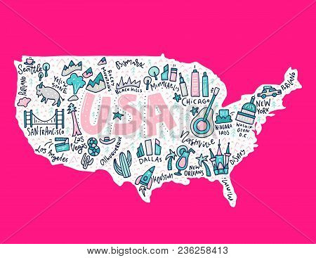 Travel To Usa Cartoon Map. United States Illustration With All Main Cities And Tourist Attractions M